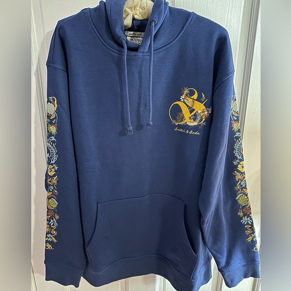 Scotch & Soda Mens Large Relaxed Fit Fleece Graphic Hoodie Black Embroidered NWT